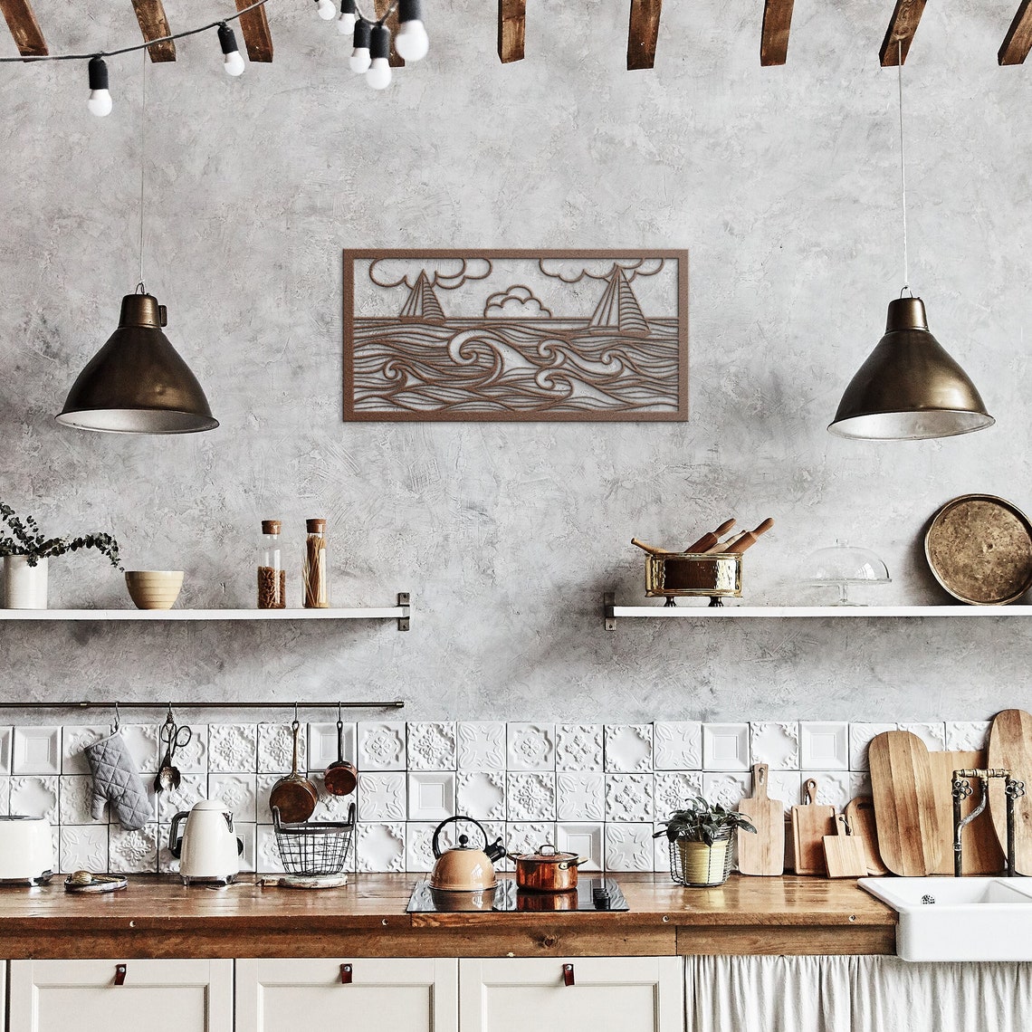 Sea Waves Panel Metal Wall Art Sea Boats Metal Wall Decor Etsy