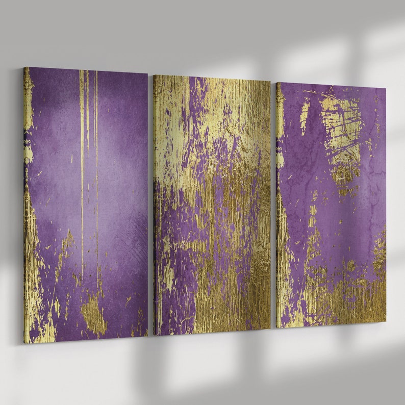 Purple Abstract Gold Foil Canvas Prints Set of 3 canvas Wall Etsy