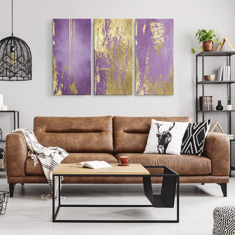 Purple Abstract Gold Foil Canvas Prints Set of 3 canvas Wall Etsy