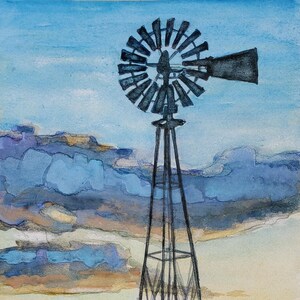 windmill painting, windmill art, farm painting, farmyard art, sunset art image 2