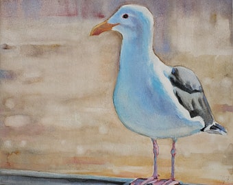 Seagull painting, beach art, seagull on the pier, beach painting, beach decor