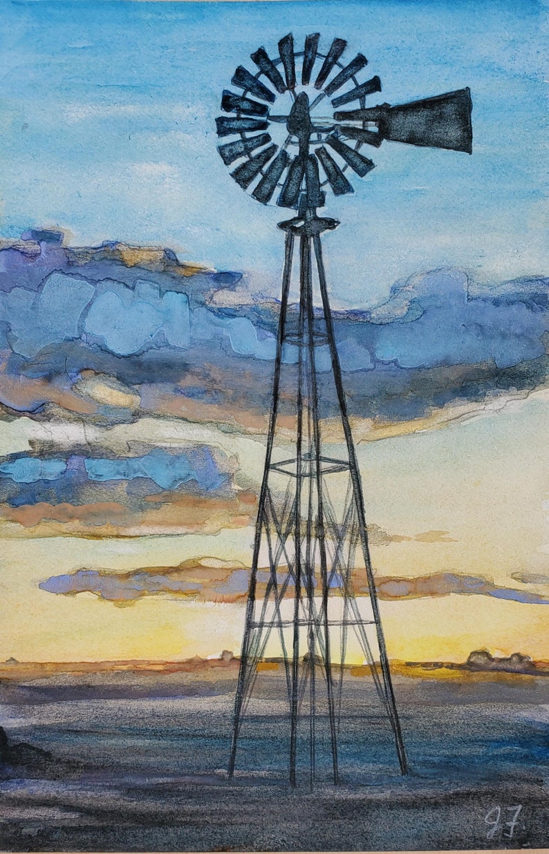 windmill painting, windmill art, farm painting, farmyard art, sunset art image 2