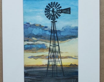 windmill painting, windmill art, farm painting, farmyard art, sunset art