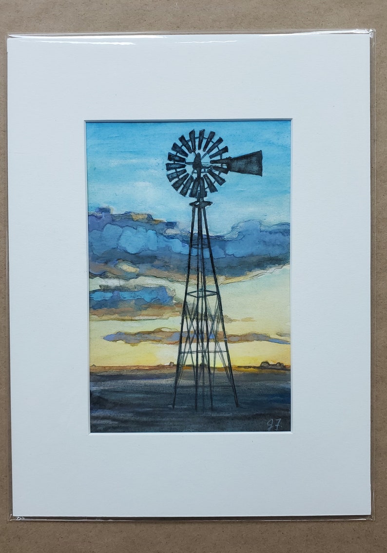 windmill painting, windmill art, farm painting, farmyard art, sunset art image 1