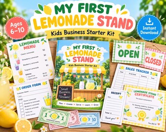 Kit de negocio para niños: puesto de limonada, juego de simulación, actividad de matemáticas con dinero (de 6 a 10 años)