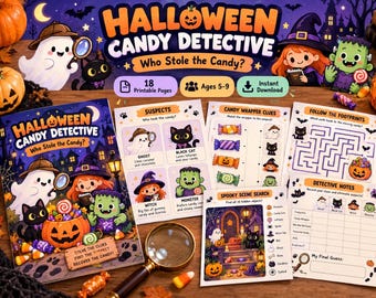 Juego de detectives de caramelos de Halloween, para niños de 5 a 9 años, actividad misteriosa imprimible (descarga digital)