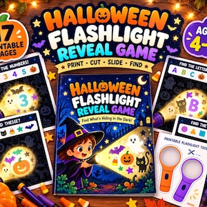 May include: A Halloween Flashlight Reveal Game set featuring 17 printable pages for ages 4-8. The collection includes activity sheets with numbers, letters, and shapes, a central game book with a witch illustration, and a printable flashlight tool.
