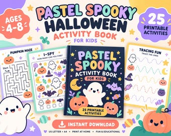 Libro de actividades de Halloween en tonos pastel para niños, 25 juegos espeluznantes (descarga instantánea)