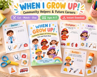 Libro de actividades para recortar y pegar sobre profesiones de la comunidad, juego de emparejamiento de futuras carreras (de 4 a 7 años)