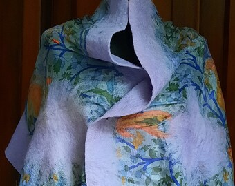 Large handcrafted felted wool and silk scarf in a stunning lilac with mauve, peach and green floral