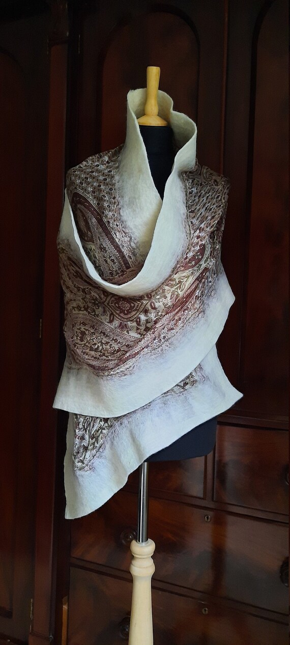 Grande écharpe Vintage En Laine Bordeaux - Made In France - Motif Géométrique - Occasion