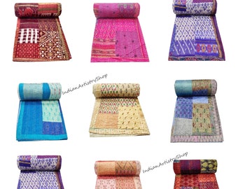 Patola Seide Vintage Baumwolle Patchwork Kantha Quilt handgemachte Boho Bettwäsche Überwurf Decke Tagesdecke Seide Sari Sofabezug Seide Kantha Quilt