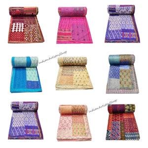 Patola Silk vintage Cotton patchwork kantha quilt handmade bohemian bedding Throw blanket bedspread Silk sari Sofa Cover Silk Kantha Quilt