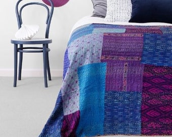 Bohemian Patchwork Purple Silk Sari Kantha Quilt, Throw