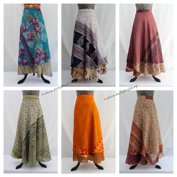 10 Wholesale lot Indian Wrap Around Skirt Handmade Reversible Two Layer Fun  Hippie Boho Gypsy Dress Silk Sari Multi Color Magic Wraparound Long Skirts  at Amazon Women's Clothing store
