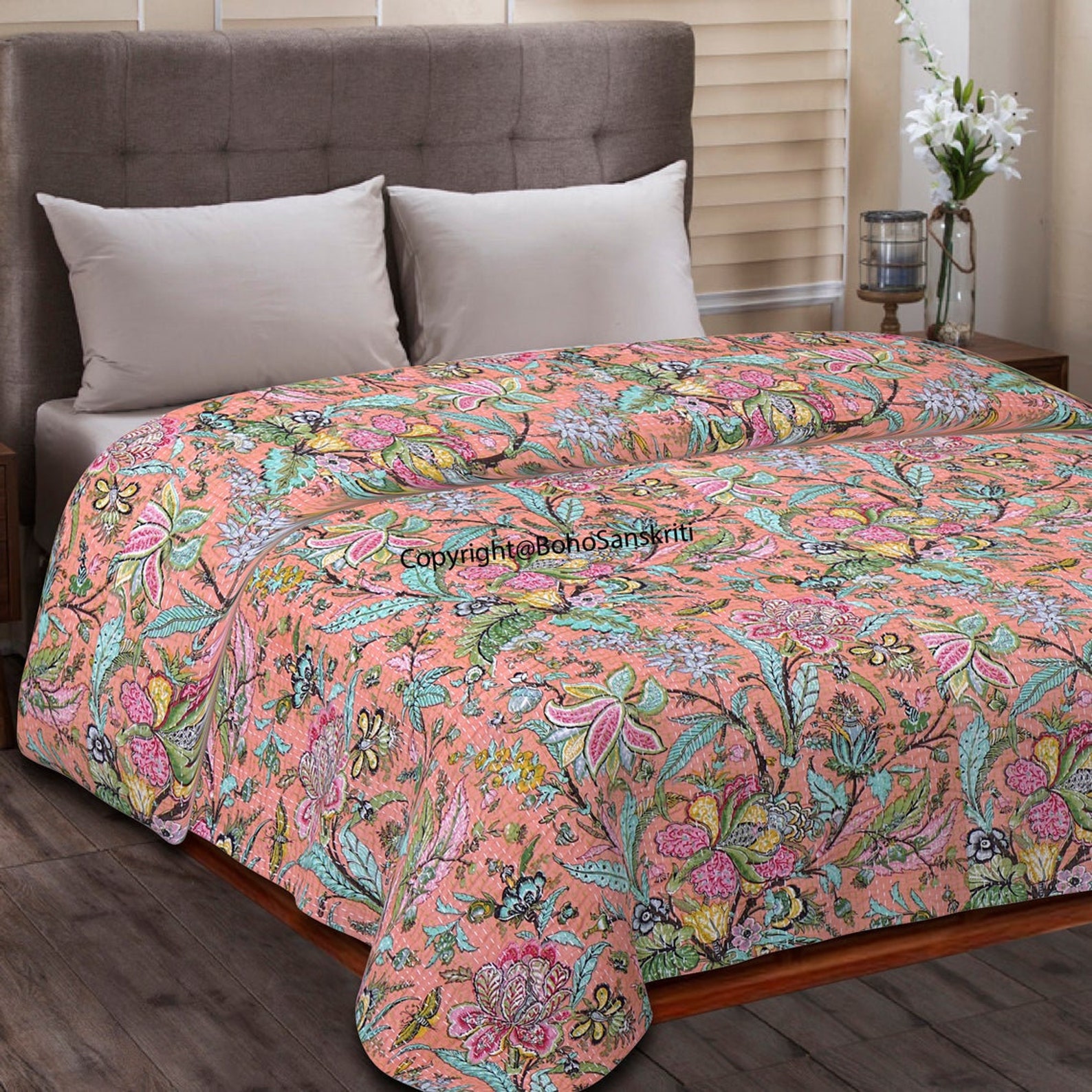 Kantha Quilt 100cotton Queen Size Indian Quilt Hand Stitched Etsy