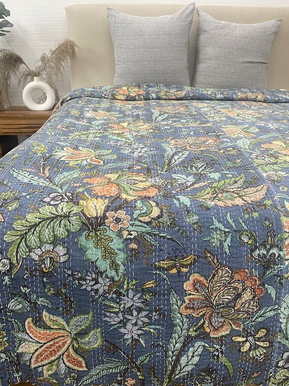 Floral Print Kantha Quilt Indian Kantha Blanket Queen Quilt - Etsy