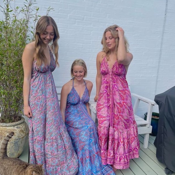 Boho Backless Halter Maxi Dress, Bohemian Gypsy Style Maxi Dress, Goddess Dress, Ibiza Maxi Dress Indian Silk Sari Dress