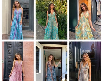 Robe longue bohème dos nu dos nu, robe longue de style bohème bohème, robe de déesse, robe longue Ibiza, robe sari en soie indienne