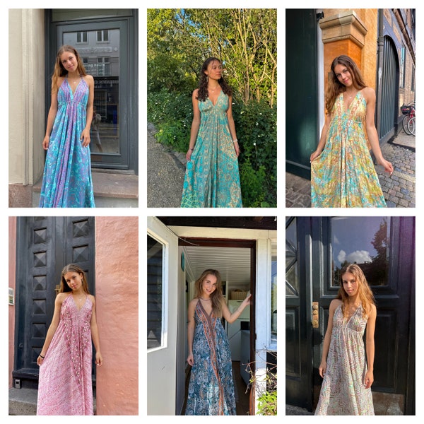 Boho Backless Halter Maxi Dress, Bohemian Gypsy Style Maxi Dress, Goddess Dress, Ibiza Maxi Dress Indian Silk Sari Dress