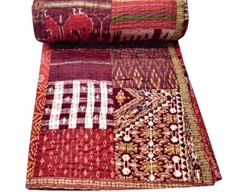 Patola Silk vintage Cotton patchwork kantha quilt handmade bohemian bedding Throw blanket bedspread Silk sari Sofa Cover Silk Kantha Quilt