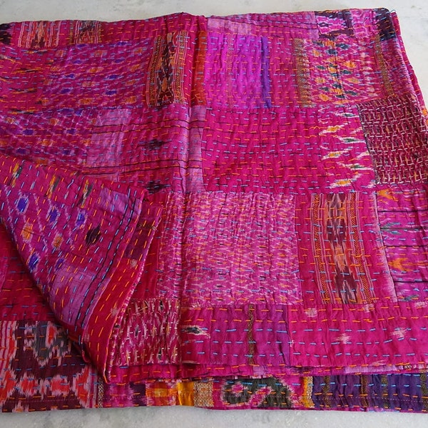 Vintage Quilt Old Patola Indian Silk Sari Kantha Quilted Patchwork Bedspread Bohemian Kantha Throws, Gudari Handmade