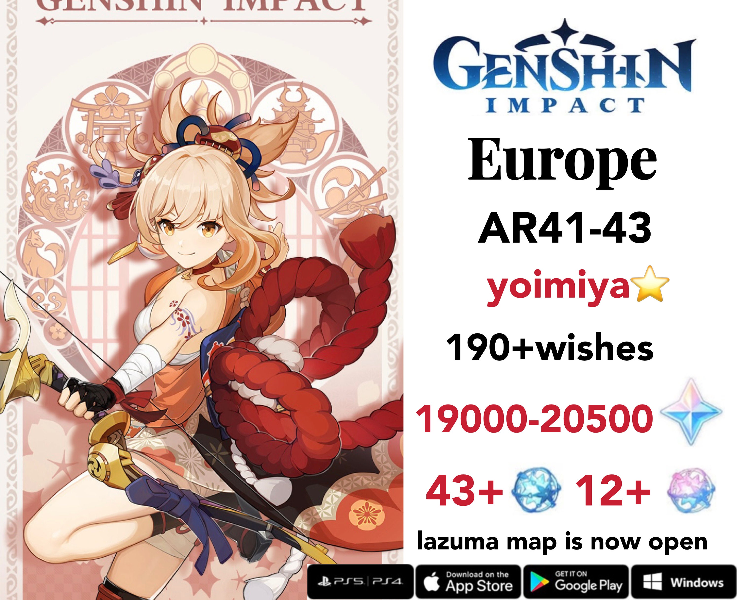 Yoimiya Eu 190wishes Ar38 40 Genshin Impact Account Etsy Uk