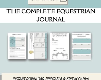 May include: Printable equestrian journal with sections for horse details, forage, physiotherapy visit log, and yearly parasite control program. The journal includes a horse anatomy diagram and is available for instant download and editing in Canva.