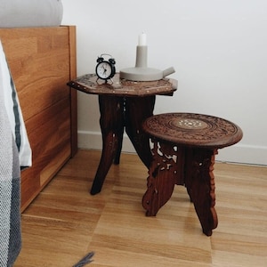 Vintage Octagonal Wood Stool | Indian Ornate Stool | Handmade | Accent Table | India | 70s |