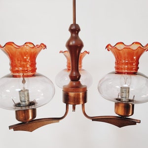 Retro Chandelier | 3 Arms Chandelier | Metal, Wood and Glass Chandelier | Ceiling Light | Yugoslavia | 70s |