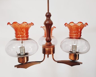 Retro Chandelier | 3 Arms Chandelier | Metal, Wood and Glass Chandelier | Ceiling Light | Yugoslavia | 70s |