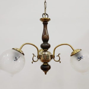 Vintage Romatic Chandelier | 3 Arms Chandelier | Metal, Glass and Wood Chandelier | Ceiling Light | Yugoslavia | 70s |