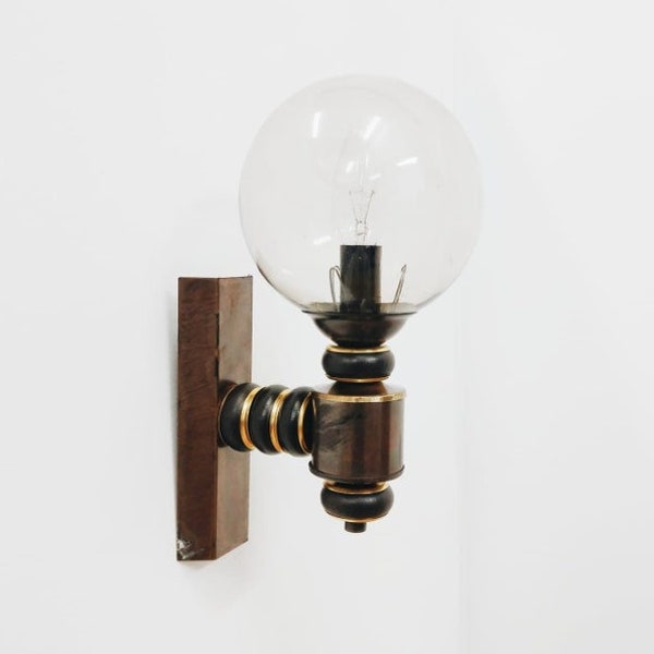 Mid Century Modern Sconce | Ist Ellux | Wandlamp | Koper & Helder Bubbled Glass Globe | Jaren 70 |