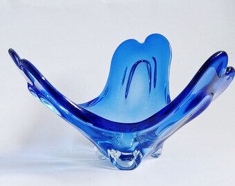 Vintage Blue Glass Bowl | Bohemian Czech Art Glass | Chribská Glassworks | Organic shape | Vintage Czech Glass | 70s |