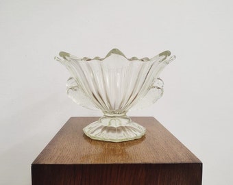 Art Deco Glass Bowl | Vintage STS Abel Zagreb | Clear Glass Bowl | Two Pigeons - Handle Details | Yugoslavia | 70s |