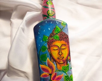 Buddha painting on box Glass Bottle Art. recycled.