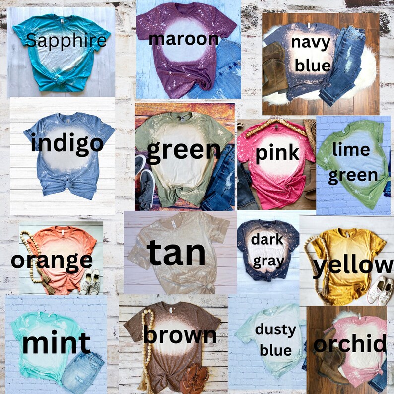 K&ouml;nnte beinhalten: Eine Sammlung von 16 gebleichten T-Shirts in verschiedenen Farben, darunter Saphir, Rotbraun, Marineblau, Indigo, Gr&uuml;n, Rosa, Limettengr&uuml;n, Orange, Braun, Dunkelgrau, Gelb, Mint, Braun, Staubblau und Orchidee. Die Shirts sind in einem Raster auf einem wei&szlig;en Ziegelhintergrund angeordnet.
