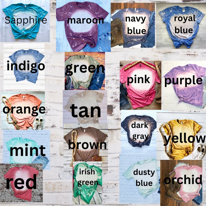 K&ouml;nnte beinhalten: Eine Sammlung von 16 gebleichten T-Shirts in verschiedenen Farben, darunter Saphir, Rotbraun, Marineblau, K&ouml;nigsblau, Indigo, Gr&uuml;n, Rosa, Lila, Orange, Braun, Dunkelgrau, Gelb, Mint, Braun, Irischgr&uuml;n, Staubblau, Rot und Orchidee.
