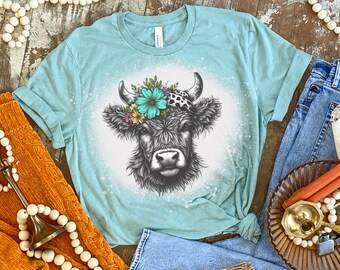 highland cow bleached shirt, bleached spring shirt, bleached cow shirt, cute cow shirt, highland cow, spring shirt, spring vibes
