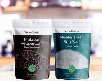 Malabar Peppercorn - Whole Black Pepper, 12 Oz Black Peppercorns and Viva Doria Mediterranean Sea Salt, Coarse Grain, 2 lb
