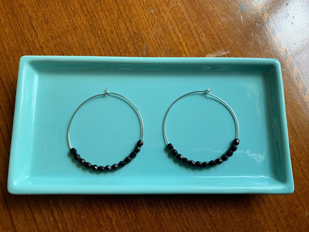 Black Bead Silver Hoop Earrings Black Bead Hoops Black and Silver Hoops Black Hoop Earrings