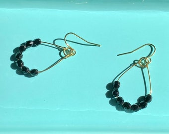 Black and Gold Teardrop Hoops - Vintage Black Glass Bead Earrings