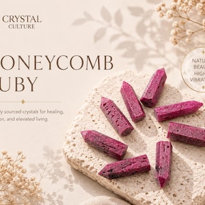 May include: Seven deep magenta, hexagonal ruby crystal points arranged in a circular pattern on a textured, light beige stone slab. The text reads: CRYSTAL CULTURE, HONEYCOMB RUBY, Ethically sourced crystals for healing, intention, and elevated living. NATURAL BEAUTY. HIGHER VIBRATION.
