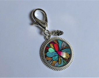 Porte clé,  motif nature, multicolore, cadeau femme, cabochon verre, diamètre 30 mm