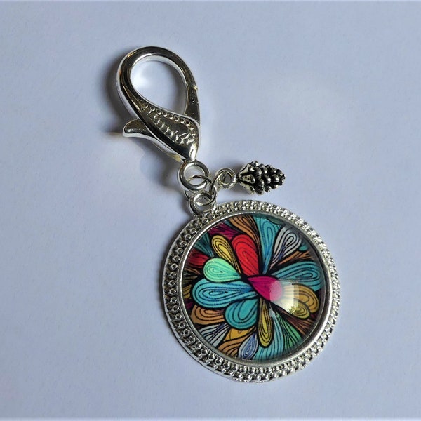 Porte clé,  motif nature, multicolore, cadeau femme, cabochon verre, diamètre 30 mm