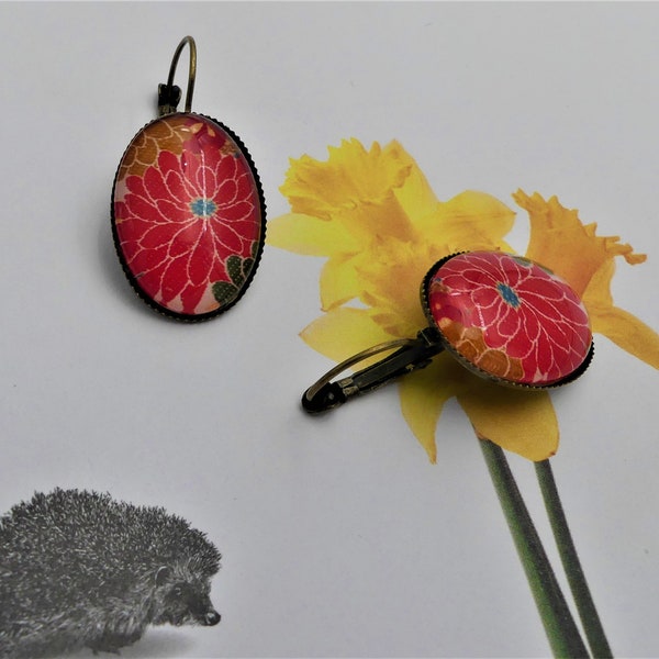 Boucles d'oreilles dormeuses, ovales, rouge et jaune, cabochon verre, boucles d'oreilles cabochons, fait main