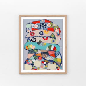 Patchwork Memories-Fine Art Print, Giclée Art Print, quilt lover gift, original art, quilt stack, whimsical artwork, grandma core wall art