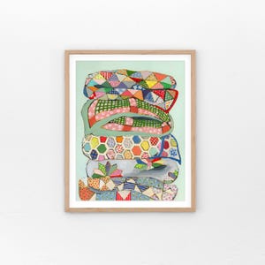 Grandma&#39;s Quilts-Fine Art Print, Giclée Art Print, quilt lover gift, original art, quilt stack, whimsical artwork, grandma core wall art