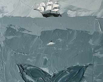 Pintura al óleo original de Jonás y la ballena, decoración cristiana para el hogar