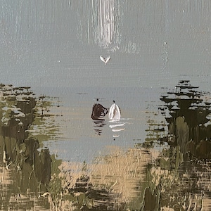 May include: An oil painting on canvas featuring two small figures, one dark and one white, standing in a calm body of water. The scene is framed by textured, dark green and tan foliage on the sides, with a single white bird flying above.